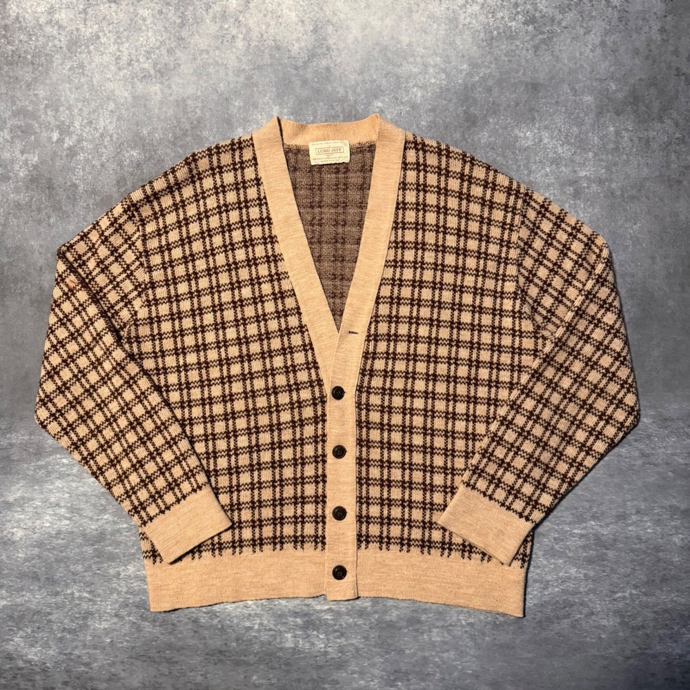Vintage 70s Lord Jeff Plaid Cardigan Sweater Mens L Brown Tan Orlon Wintuk Flaw